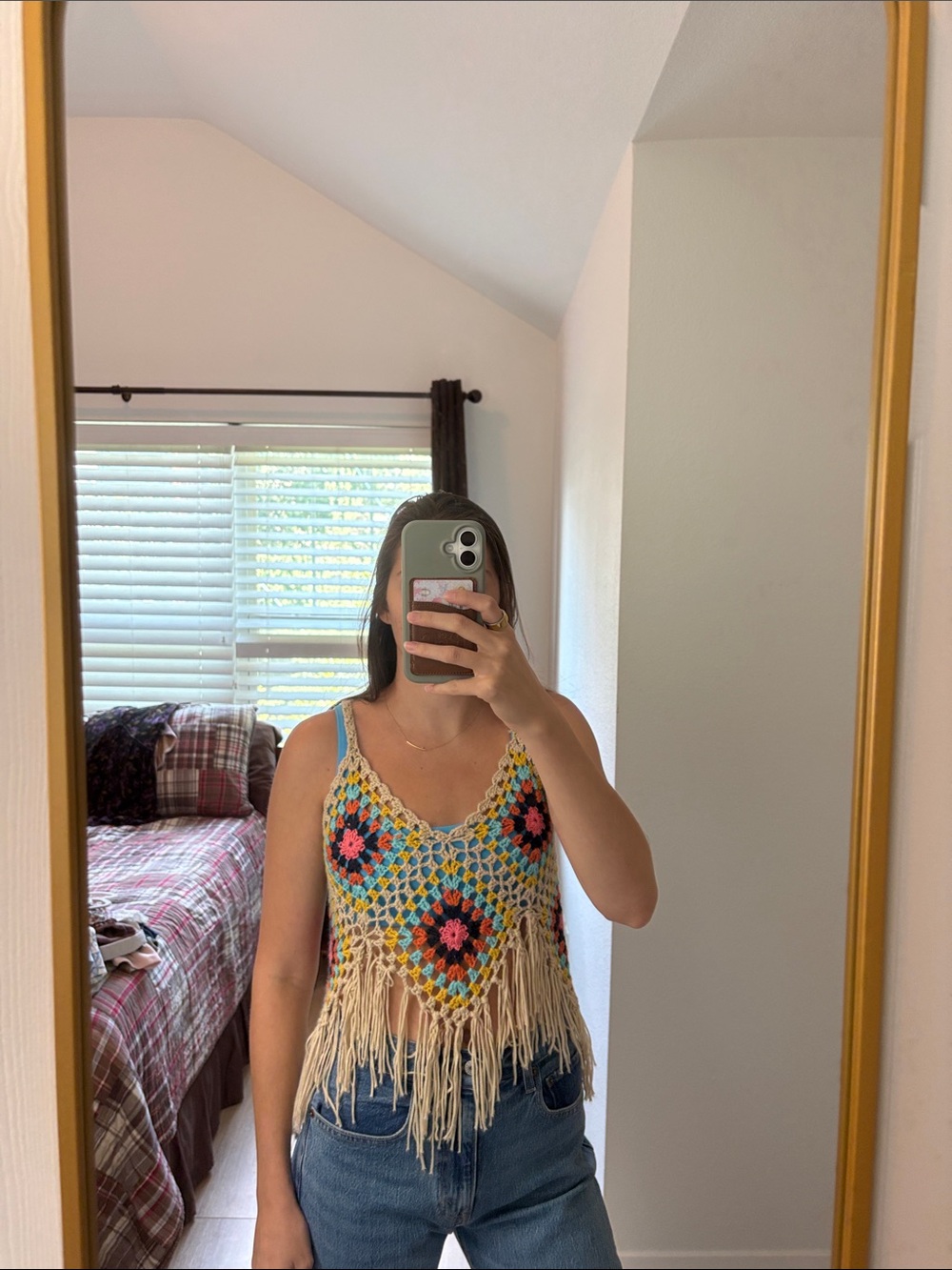ViVI Multicolor Crochet Fringe Camisole in Cream Base